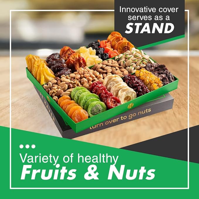Thanksgiving Dried Fruit & Nuts Gift Basket - Extra Large Selection of 18 Food Tray - Assorted Food Gift Box for Christmas, Holiday, Family, Sympathy, Men & Women.