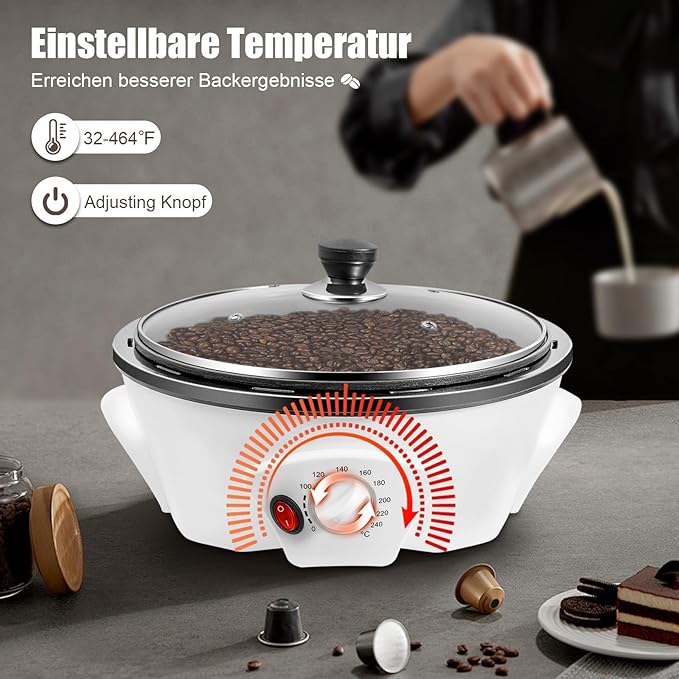 Coffee Roaster Machine for Home Use, 800W Tostadora De Cafe Coffee Bean Roaster Adjustable Temperature with Stir Bar And Glass Cover for Beans, Red Beans, Nuts