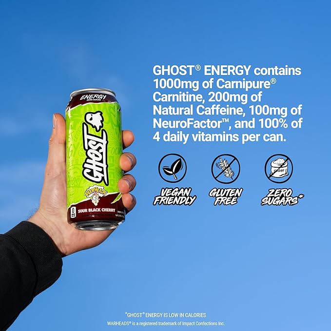 GHOST Energy Drink - 12-Pack, Warheads Sour Black Cherry, 16oz - Energy & Focus & No Artificial Colors - 200mg of Natural Caffeine, L-Carnitine & Taurine - Gluten-Free & Vegan