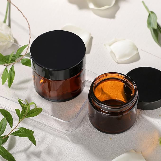 3 Pack Amber Small Glass Cosmetic Jars with Lids, 60 ml Empty Glass Makeup Containers for Sample, Cream, Lotion, Powder (2 OZ)