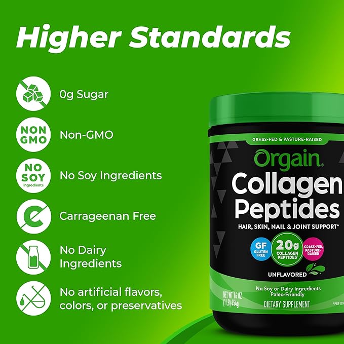 Orgain Hydrolyzed Collagen Peptides Powder For Women & Men, 20g Grass Fed Collagen, Unflavored - Hair, Skin, Nail, & Joint Support Supplement, Paleo & Keto, Non-GMO, Type I and III, 1lb