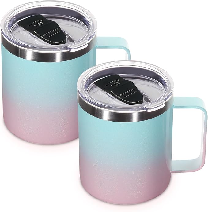 Volhoply 14oz Insulated Stainless Steel Coffee Mug with Lid Bulk 2 Pack,Double Wall Vacuum Travel Coffee Cup with Handle,Reusable Cups Tumbler,Camping Mugs Keep Hot,Ideal Gifts(Green Pink,2)