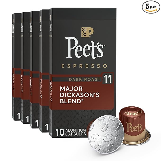 Peet's Coffee, Dark Roast Espresso Capsules, Compatible with Nespresso Original Machines - Major Dickason's Blend Intensity 11, 50 Count (5 Boxes of 10 Espresso Capsules)
