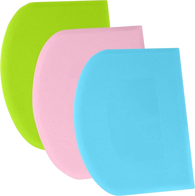 SURDOCA Dough Scraper Bench Scraper - 3P 5.9x4.3" Plastic Flexible Bowl Scraper, Sharp Edge & Angles Cake Scraper. Non-Slip Bakeware Decorating Tools Sculpting & Modeling Tools - Pink+Blue+Green