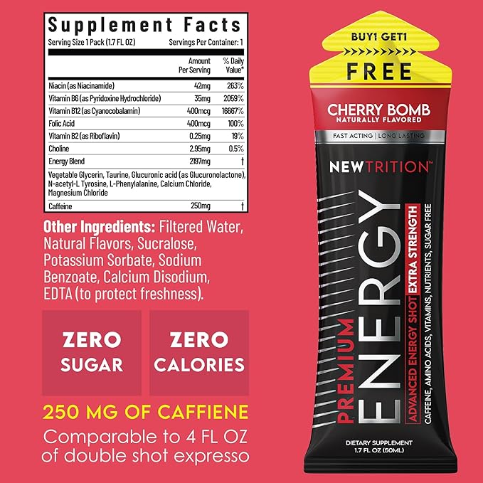NewTrition® Extra Strength Energy Shots, 250mg Caffeine Energy Shots with Vitamin B & Amino Acids, Sugar-Free Vitamin Energy Shot, 1.7 fl oz (Pack of 6, Cherry Bomb)