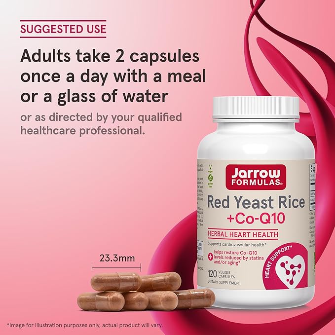 Jarrow Formulas Red Yeast Rice 1200 mg & Co-Q10 100 mg Per Serving - 120 Veggie Caps - 60 Servings - Herbal Heart Health Dietary Supplement - Supports Cardiovascular & Heart Health - Vegan