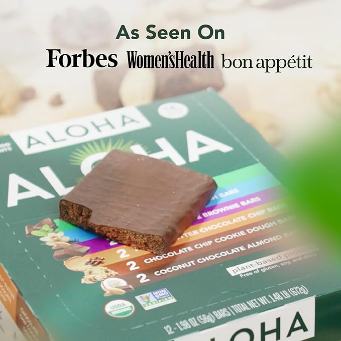 ALOHA Organic Plant Based Protein Bars - 6 Flavor Variety Pack - 12 Count, 1.9oz Bars - Vegan Snacks, Low Sugar, Gluten-Free, Low Carb, Paleo, Non-GMO, Stevia-Free, No Sugar Alcohol Sweeteners