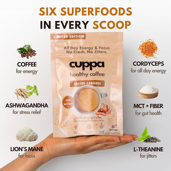 Cuppa Salted Caramel Healthy Mushroom Insant Coffee with Lion's Mane & Ashwagandha for All Day Energy & Focus - No Crash or Jitters - Nootropics for Brain Health, Gut Health, Immunity, Stress, Memory + Mood - 60 Servings