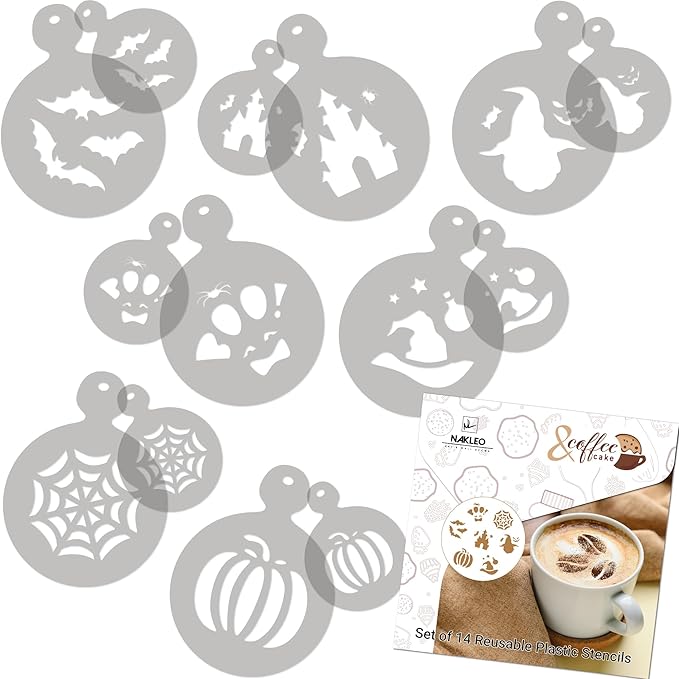 NAKLEO Coffee Cookies Decoration Reusable Plastic Baking Stencil - 7x7cm and 11x11cm / 2.8'x2.8' and 4.3'x4.3' - Halloween Ghost Spider - Art Craft DIY Biscuit Pastry Cake Glaze Kitchen