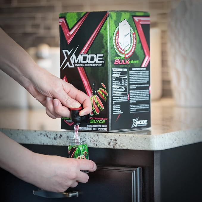 XMODE Energy Shots on Tap (Watermelon Slyce Flavor) – 100 Serving Dispenser with Refillable Bottles for On-Demand Energy at 150mg Caffeine Per Oz
