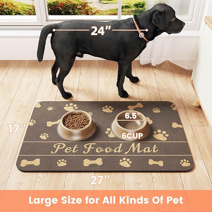Pet Feeding Mat-Absorbent Pet Placemat for Food and Water Bowl, with Waterproof Rubber Backing, Quick Dry Water Dispenser Mat for Dog and Cat (17"x27", Brown)