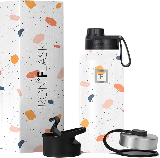 IRON °FLASK Camping & Hiking Hydration Flask with 3 Lids - Stainless Steel, Double Walled & Vacuum Insulated Water Bottle - Leak Proof & BPA Free (Terrazzo, Spout - 32 oz)