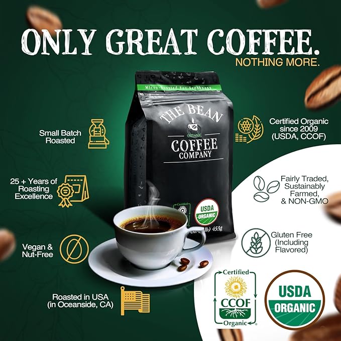 The Bean Organic Coffee Company Premium Espresso, Dark Roast, Ground Coffee, 16-Ounce Bag, Café molido tostado orgánico