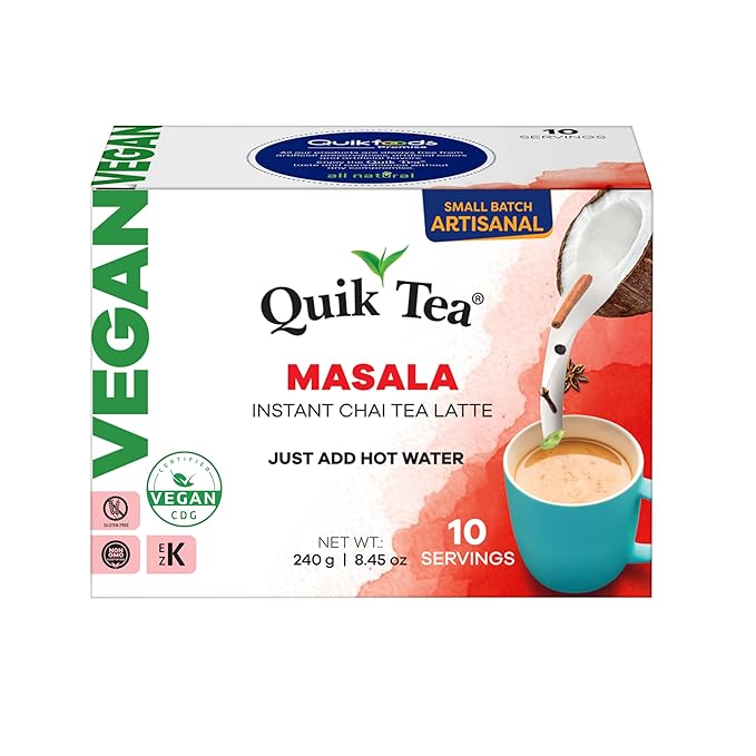 QuikTea Vegan Masala Chai Tea Latte – 10 Count, Bold Masala Flavor, Naturally Caffeine-Light, No Preservatives – Just Add Hot Water