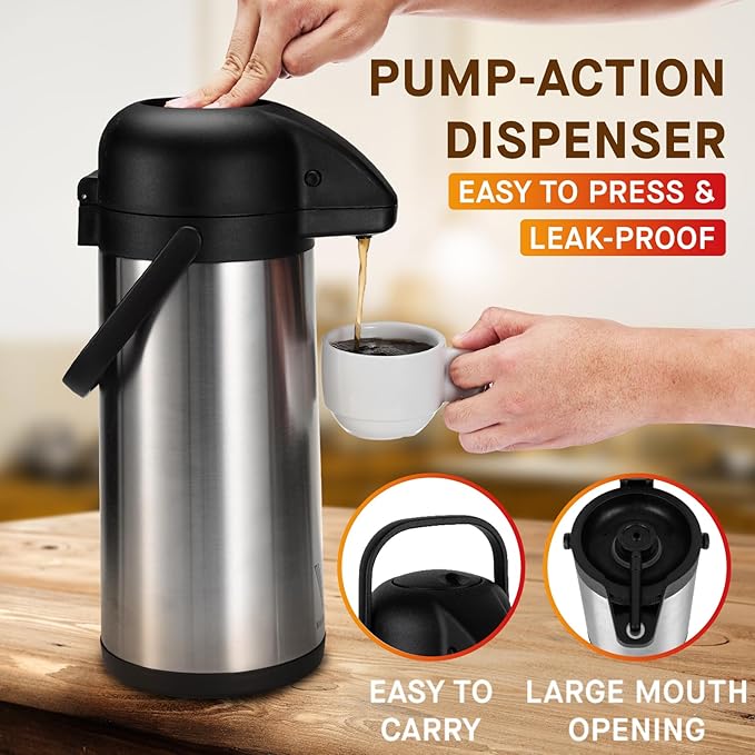 Airpot Coffee Dispenser with Pump - 2Pcs 102 oz Insulated Stainless Steel Coffee Carafe - Thermal Beverage Dispenser - Coffee Urn for Hot/Cold Water, Party Chocolate Drinks