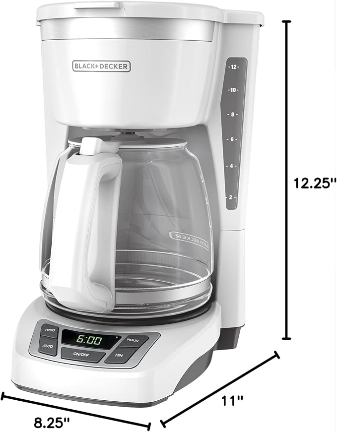 BLACK+DECKER 12-Cup Digital Coffee Maker, CM1160W, Programmable, Washable Basket Filter, Sneak-A-Cup, Auto Brew, Water Window, Keep Hot Plate, White
