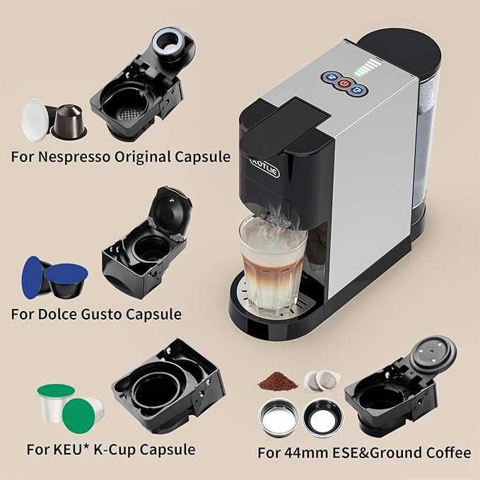 KOTLIE 19Bar Single Serve Coffee Maker, 5in1 Espresso Machine for Keu* kcup Capsules/Nespresso Original/Dolce Gusto/Ground Coffee/44mm ESE, Level 7 Water volume, Hot&Cold Brew Coffee Machine