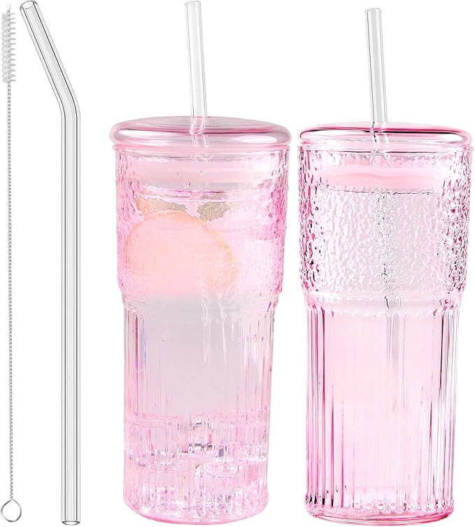 Glass Coffee Cups with Lids and Straws, 20 OZ Pink Iced Water Glasses Tumblers for Ice Juice, Tea, Milk, Smoothie and Cold or Hot Drinks, Set of 2