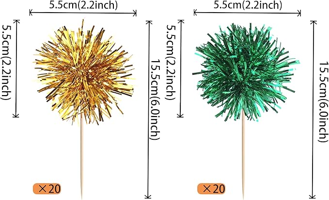 40 PCS Foil Firework Cupcake Toppers Fireworks Cupcake Picks Sparkle Tinsel Cake Decorations Cocktail Fruit Toothpick for Firework Theme Birthday Wedding Graduation Party Decor Supplies Gold Green