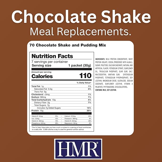 HMR 70 Plus Chocolate Shake & Pudding Mix | Meal Replacement Powder | Lactose-Free | 15g Protein | Easy to Make | Low Calorie (7.35 Ounce (Pack of 3), Chocolate)