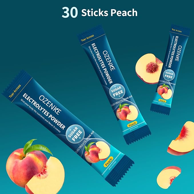 Electrolytes Powder Packets, 30 Sticks Hydration Packets Sugar Free, Electrolyte Drink Mix Portable Electrolyte Packets for Rapid Hydration, 0 Sugar & 0 Calorie, Peach Flavor
