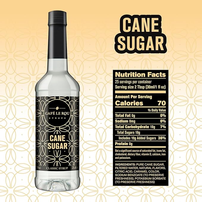 Cafe Le Rou Cane Sugar Classic Syrup - 25.4 oz, 2 Pack with 2 Gold Pump Dispensers