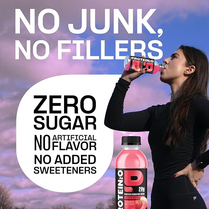 Protein2o Hydration Drink - 2-in-1 Liquid Clear Whey Protein Isolate and Electrolyte Drink - 20g Protein, Vitamins B5, B6 - Post-Workout Recovery - 16.9 Fl Oz - 12 Count Strawberry Watermelon