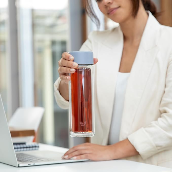Glass Multi Tea Infuser Bottle 14oz - Double Wall Borosilicate Glass Flask | No Plastic Touches Contents | Perfect for Office or Home - Purple