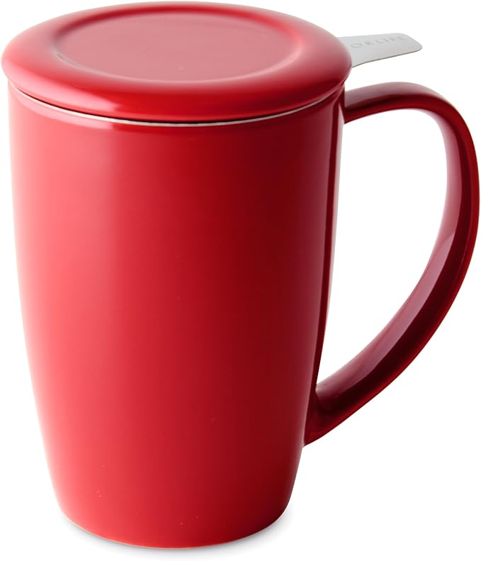 FORLIFE Curve Tall Tea Mug with Infuser and Lid 15 ounces, Red