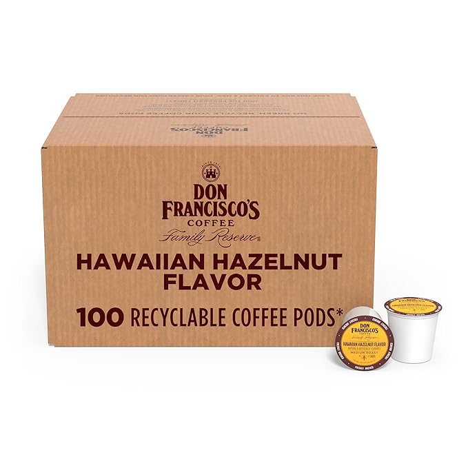 Don Francisco's Hawaiian Hazelnut Flavored Coffee - 100 K-Cup Compatible Single-Serve Pods - 100% Arabica with Coconut Hint - Recyclable through TerraCycle - Compatible with Keurig Brewers