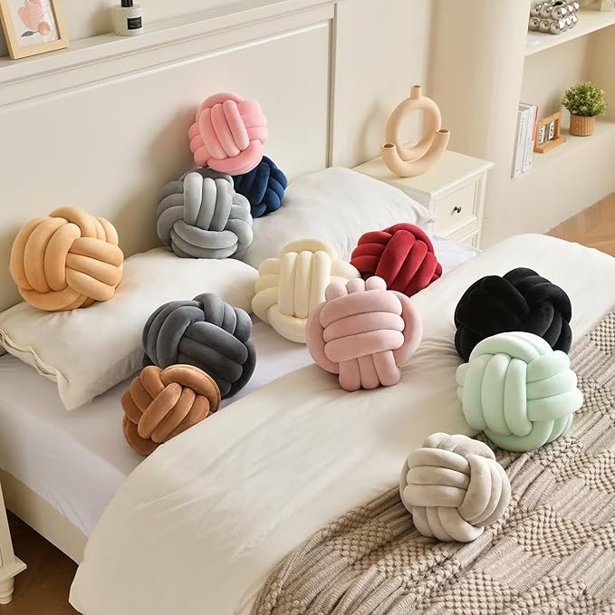 Decorative Throw Knot Pillow Ball for Home Chair Sofa Aesthetic Round Velvet Knotted Pillow Cushion (Black, 11 inches)