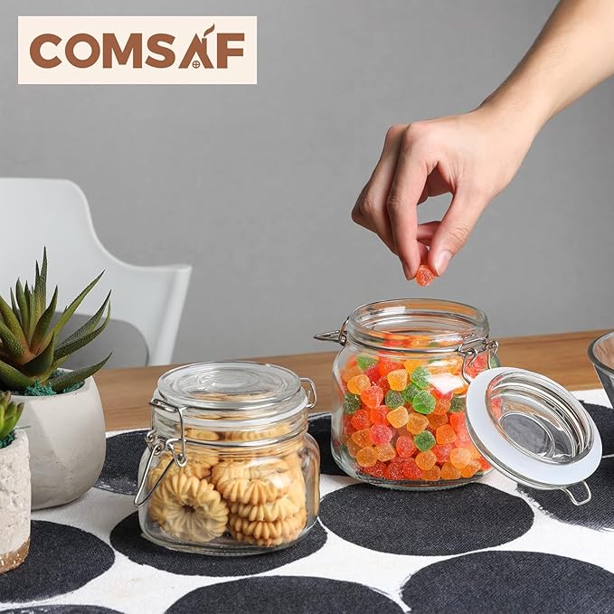 ComSaf 25oz Airtight Glass Canisters with Lids Set of 6, Square Food Storage Jar Container with Clamp Lids for Kitchen Canning Cereal Coffee Pasta Sugar Beans Spice, Clear Mason Jars with 12 Labels