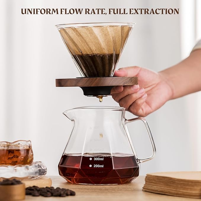 Pour Over Coffee Maker Set – Drip Coffee Pot with Walnut Handle, Glass Coffee Dripper & 100 Filters, 20oz/600ml Capacity