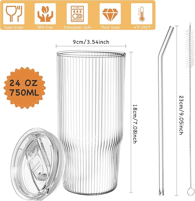 24oz Glass Tumblers with Lids and Straws 2PCS Ribbed Ice Coffee Glass Cups, Clear Thick Wall Water Iced Coffee Tumbler with Straw and Lid for Cold Beverages