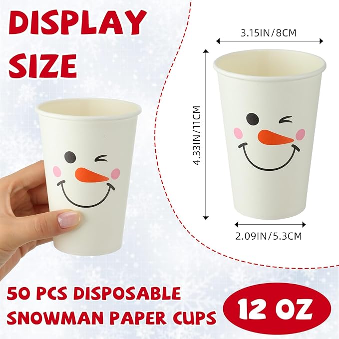 50 Sets Christmas Snowman Soup Kits for Classroom Coworker Gift 12 Oz Winter Snowman Paper Cups for Hot Cocoa Chocolate Marshmallow Soup Tags Clear Xmas Bags (Classic)