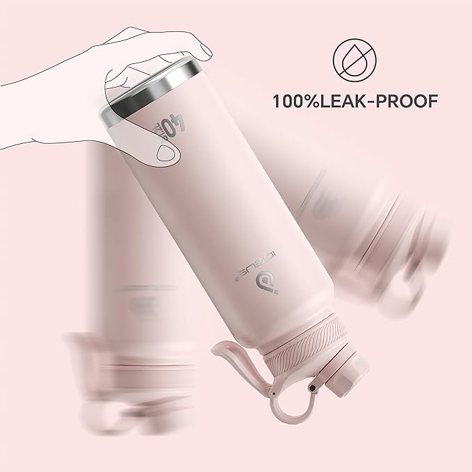 IDEUS Insulated Stainless Steel Water Bottle with 2 Leak-Proof Lids, Thermal Water Flask for Hiking Biking, 40oz, Light Pink