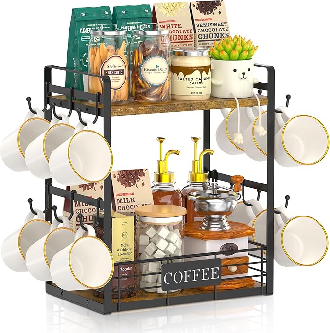 EsLuker.ly Coffee Bar Station Organizer Mug Cup Holder Stand for Countertop, Multi-Functional 2 Tier Mug Tree Rack for Kitchen, Storage Shelf with 12 Removable Hooks, Coffee Nook Enhancer