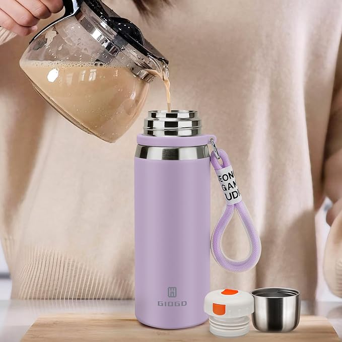 Stainless Steel thermo Bottles with cup 700ml/23.7oz Vacuum Insulated Bottle for hot and cold coffee drink water thermo flask with cup.(Purple,700ml)