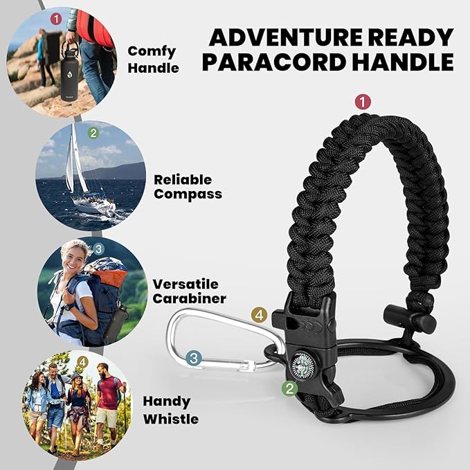 Insulated Water Bottle 87 oz, Triple Wall Vacuum Stainless Steel (Cold for 48 Hrs), Leak Proof & Non-BPA, Modern Water Flask Jug with Paracord Handle & Straw Spout Lids, Magic Black
