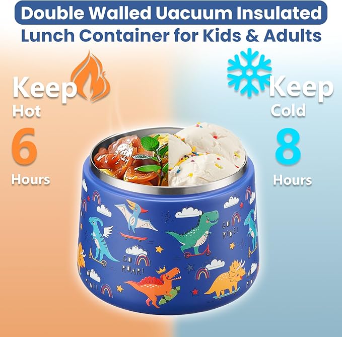 14oz Insulated Vacuum Food Jar with Buckle Lid,Soup Thermo for Hot Food Kids,Wide Mouth Leakproof Stainless Steel Lunch Container with Spoon-Dinosaur