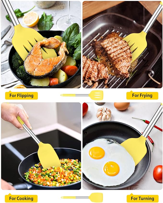 Pack of 2 Silicone Solid Turner, Non Stick Slotted Kitchen Spatulas, High Heat Resistant BPA Free Cooking Utensils, Ideal Cookware for Fish, Eggs, Pancakes(Yellow)