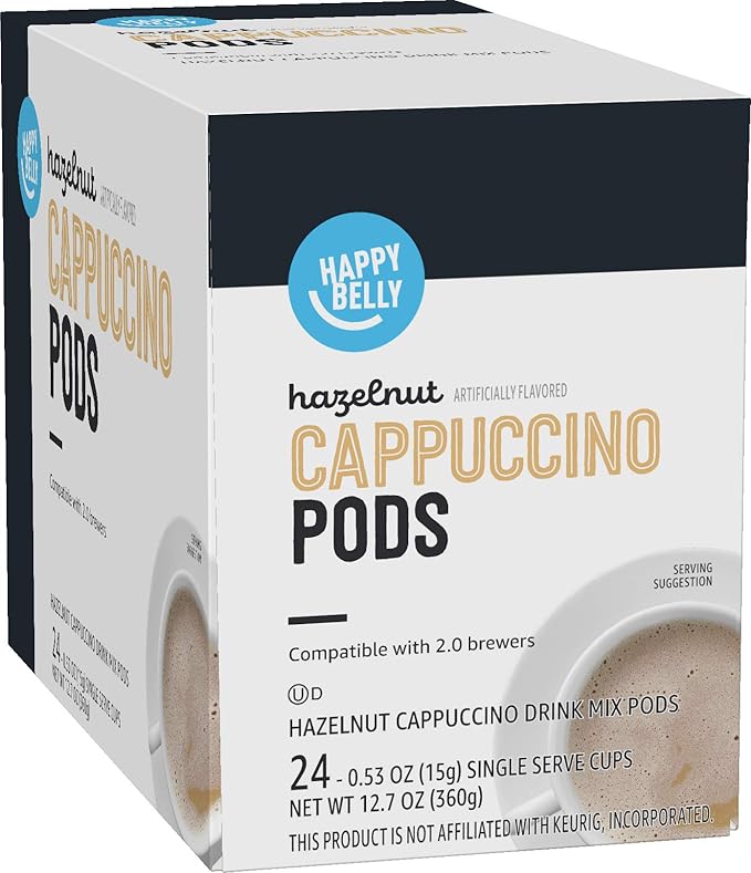 Happy Belly Light Roast Cappuccino Coffee Pods, Hazelnut Flavored, Compatible with K-Cup Brewers, 24 Count