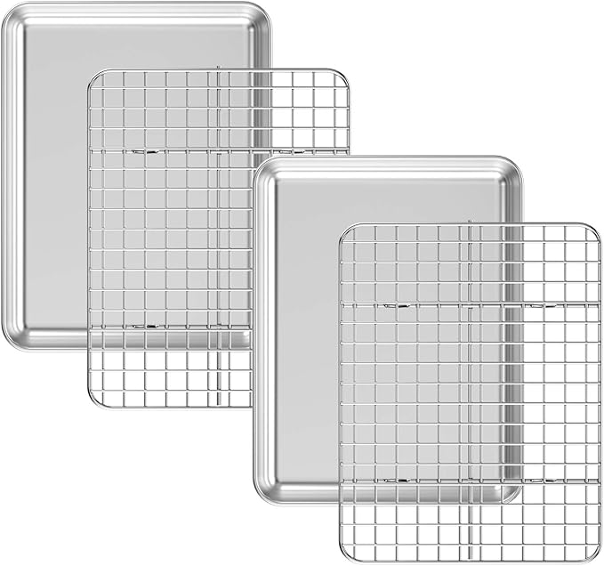 Baking Sheet with Cooling Rack Set [2 Sheets + 2 Racks], Deedro Stainless Steel Cookie Sheet Baking Pan Half Sheets Oven Tray with Rack, 10 x 8 x 1 Inch, Heavy Duty, Non-toxic, Dishwasher Safe
