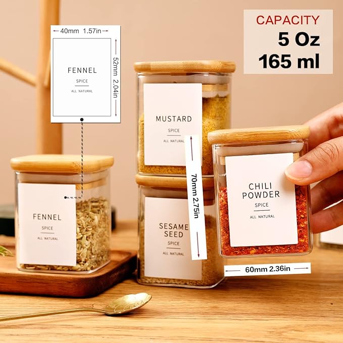 12 Pcs Square Glass Spice Jars with Natural Bamboo Lids - 5oz Airtight Herb Containers with 148 Waterproof Minimalist Spice Labels Preprinted - Empty Small Seasoning Jars for Kitchen Pantry