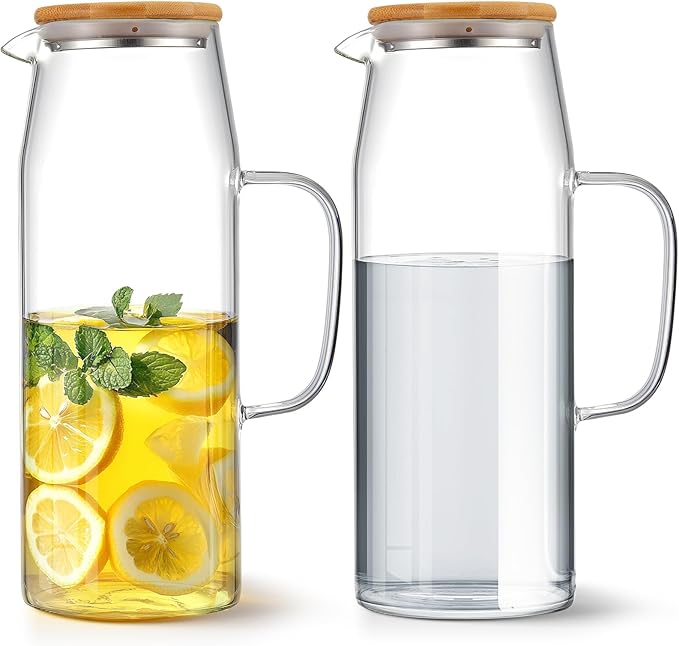 Hsei 2 Sets Glass Pitcher with Lid, 67.6 oz / 2000 ml Water Carafe with Handles Hot Cold Beverage Water Jar Glass Jug for Tea Juice Milk Coffee Iced Beverage(2l)