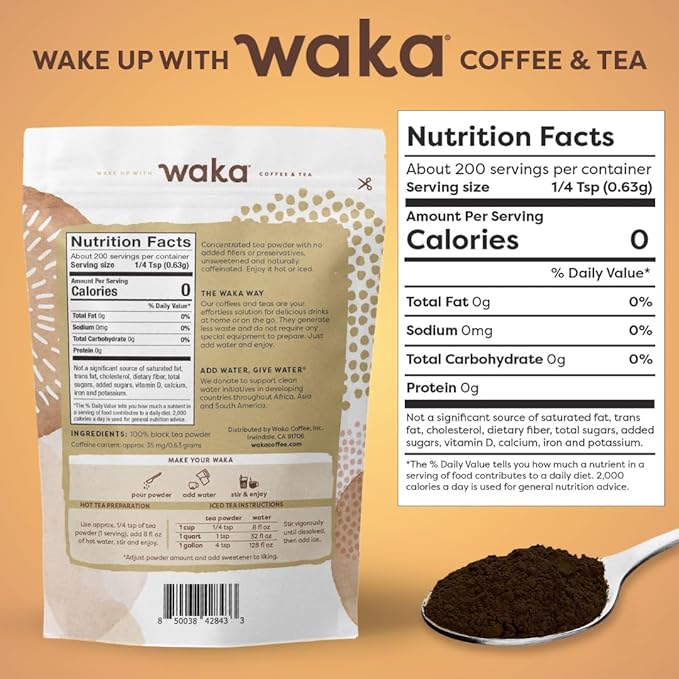 Waka Instant Black Tea Mix, Classic - 100% Tea Leaves, No Additives, Unsweetened Tea Powder for 50 Quarts or 200 Cups – Easy and Quick Hot or Iced Teas (4.5oz)