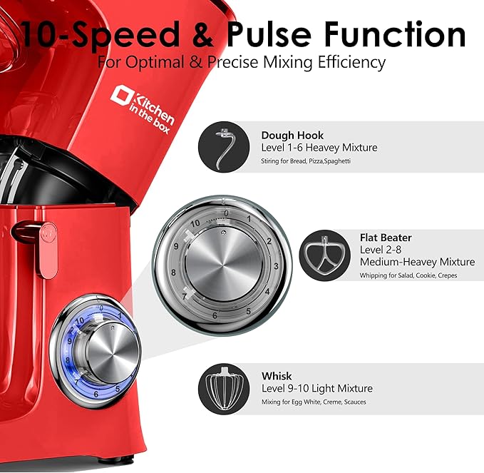 Kitchen in the Box Stand Mixer, 900W 8.5 QT Kitchen Electric Mixer, 10-Speed Large Capacity Tilt-head Food Mixer with Dough Hook, Wire Whip, Flat Beater & Splash Guard (Red)