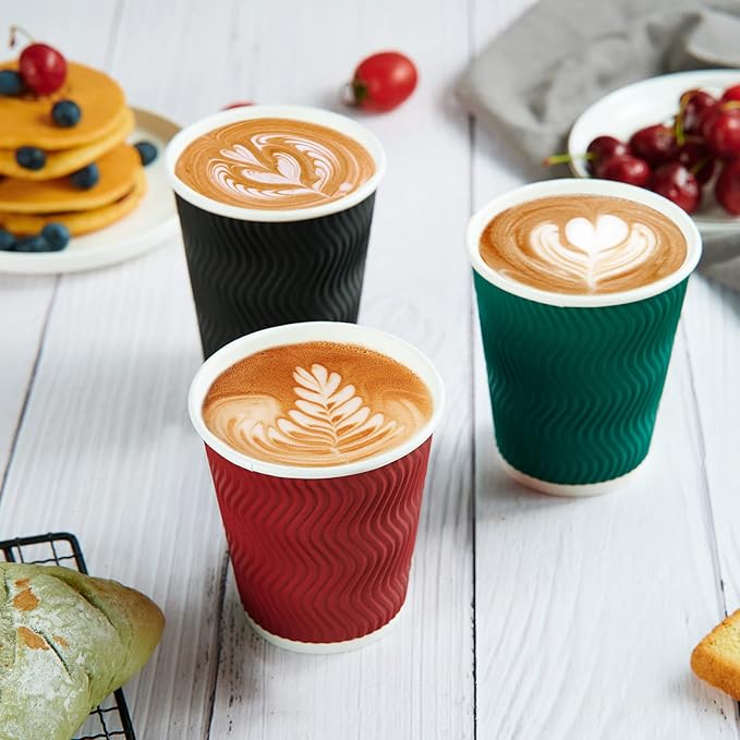 MUCHII 10 oz Insulated Paper Coffee Cups, 120 Count, Multicolor, Disposable, Ripple Design for Hot Drinks