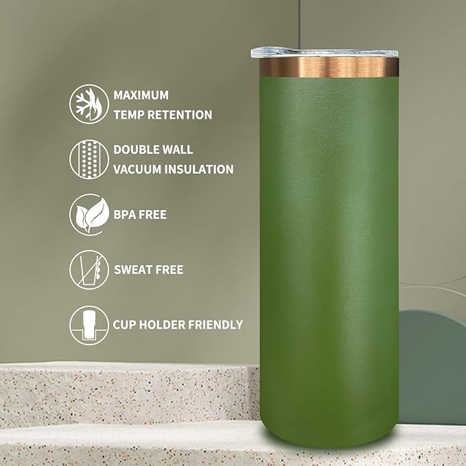 20 oz Skinny Tumblers Bulk 4 Pack, Stainless Steel Insulated Tumbler with Lids and Straws, Slim Double Wall Powder Coated Travel Coffee Mug Reusable Cup for Hot Cold Drinks (Army Green,4 pack)