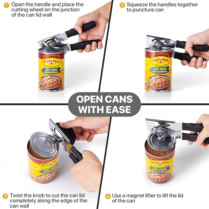 Can Opener Manual Heavy Duty, UHIYEE Hand Held Can Openers for Seniors with Comfort Grip Sharp Blade, Solid Steel Hand Manual Can Open with Magnet for Kitchen Camping, Black